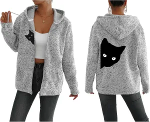 TIAFORD Women's Cat Graphic Zip Up Hoodies Oversized Hooded Sweatshirts Fleece Lined Jackets Cute Outfits with Pockets
