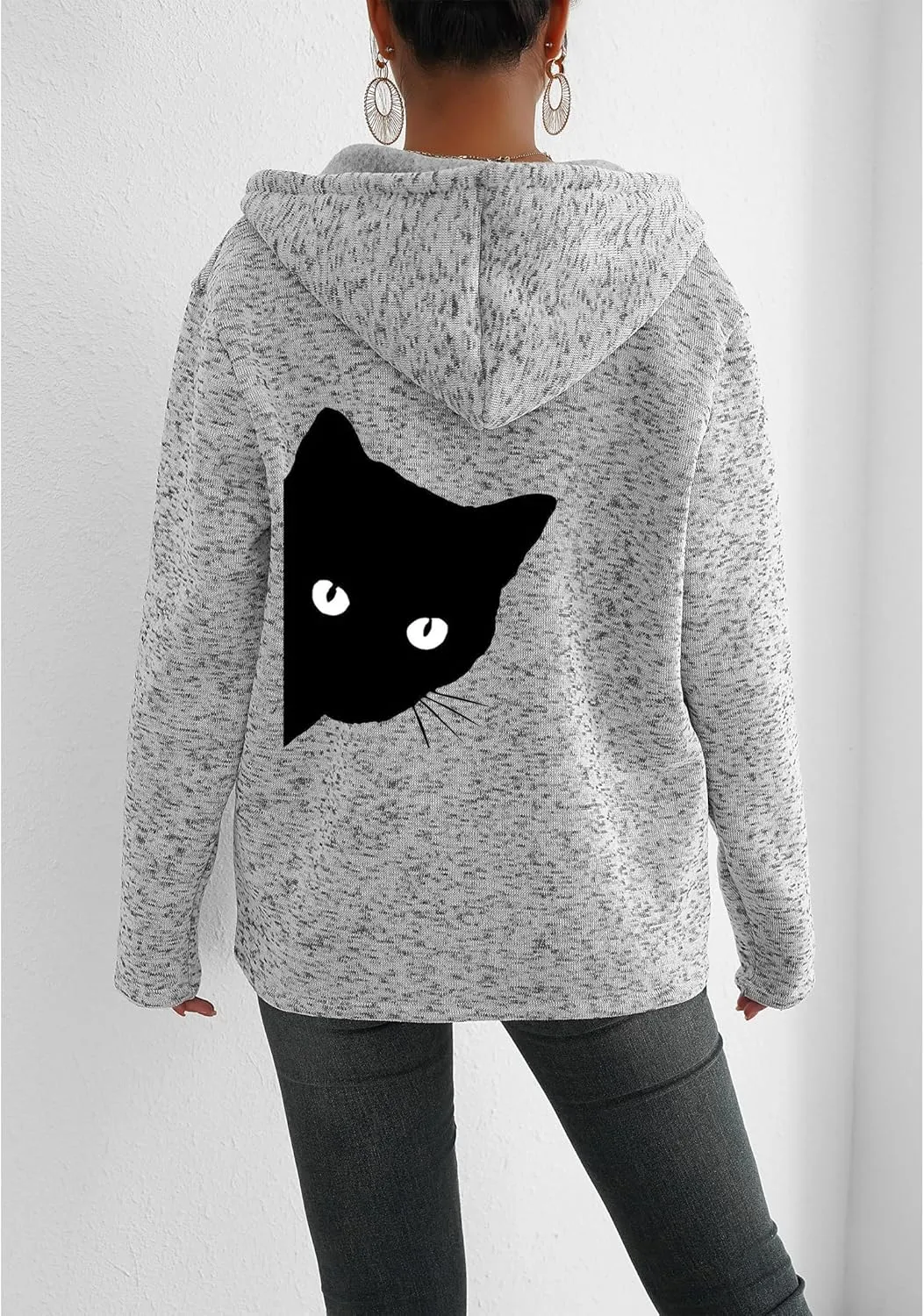 TIAFORD Women's Cat Graphic Zip Up Hoodies Oversized Hooded Sweatshirts Fleece Lined Jackets Cute Outfits with Pockets