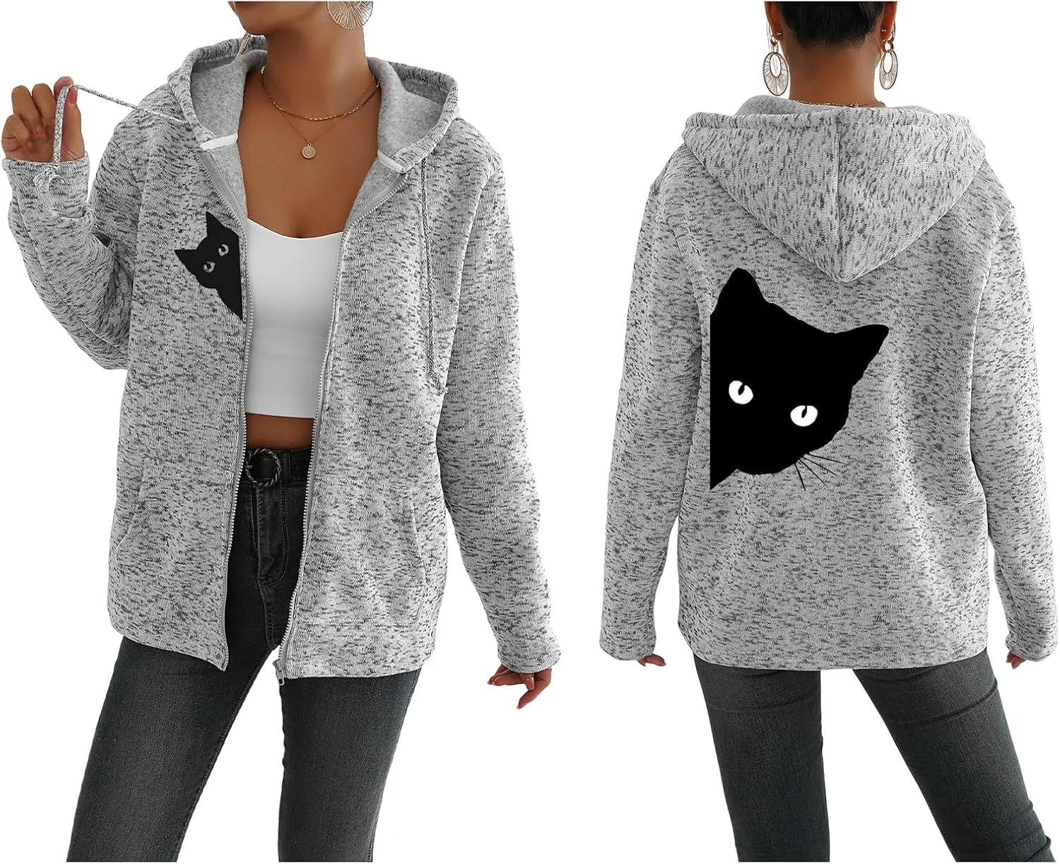 TIAFORD Women's Cat Graphic Zip Up Hoodies Oversized Hooded Sweatshirts Fleece Lined Jackets Cute Outfits with Pockets