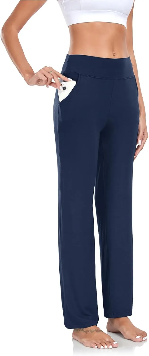 TownCat Womens Yoga Pants with Pockets, High Waist Workout Straight Leg Pants, Womens Soft Gym Stretch Bootcut Pants