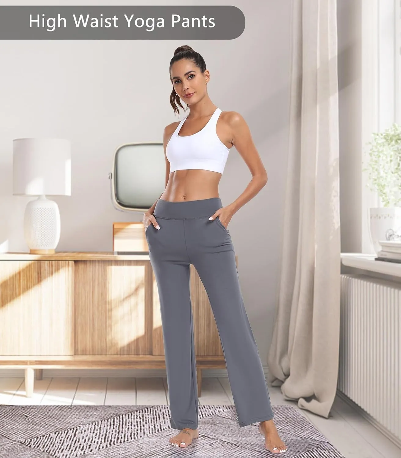 TownCat Womens Yoga Pants with Pockets, High Waist Workout Straight Leg Pants, Womens Soft Gym Stretch Bootcut Pants