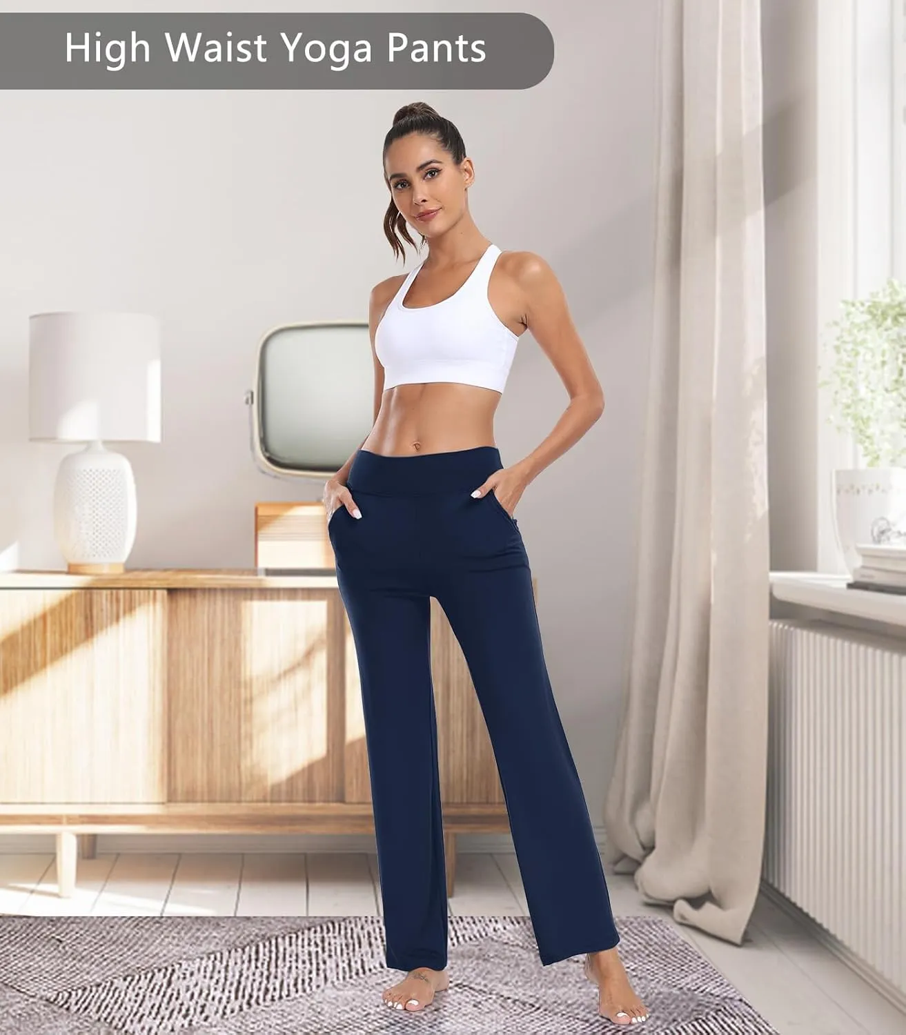 TownCat Womens Yoga Pants with Pockets, High Waist Workout Straight Leg Pants, Womens Soft Gym Stretch Bootcut Pants