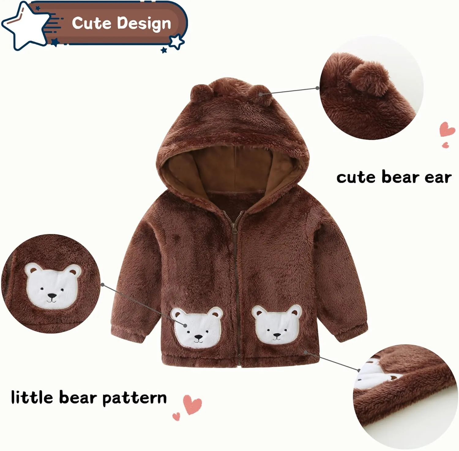 Unisex Cute Polar Fleece Lined Sherpa Full-Zip Jacket Coat Winter Warm Hoodie for 0-4t