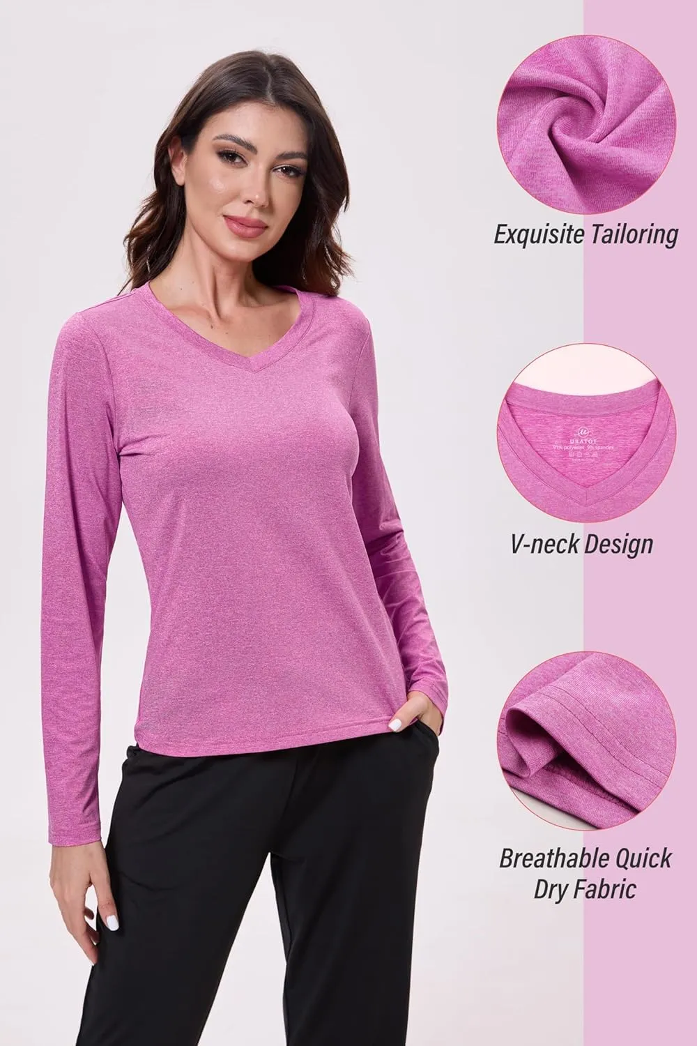 URATOT Women's Dry-Fit Shirts Long-Sleeve Tops V-Neck Athletic Workout Shirt Stretch Moisture Wicking Running Sports Top