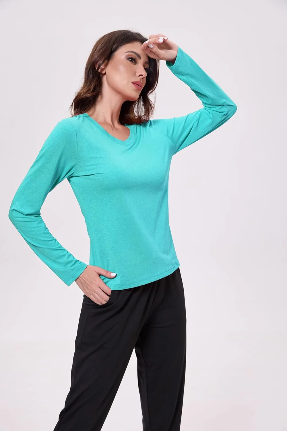 URATOT Women's Dry-Fit Shirts Long-Sleeve Tops V-Neck Athletic Workout Shirt Stretch Moisture Wicking Running Sports Top