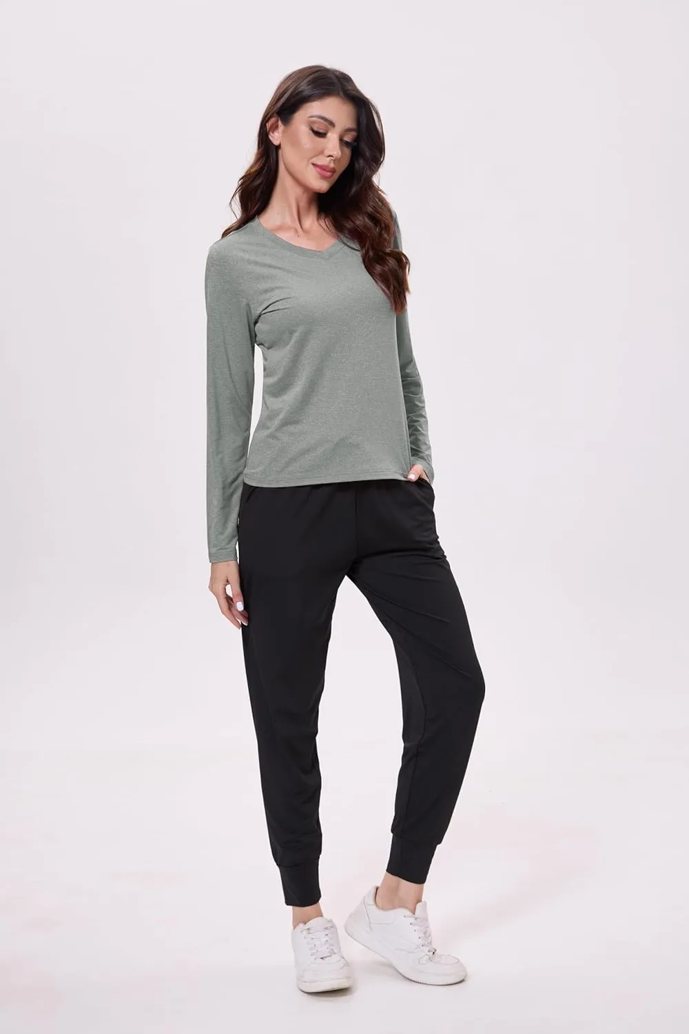 URATOT Women's Dry-Fit Shirts Long-Sleeve Tops V-Neck Athletic Workout Shirt Stretch Moisture Wicking Running Sports Top