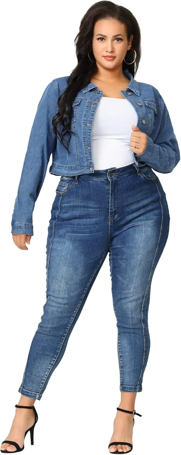 uxcell Women's Plus Size Button Closed Cropped Denim Jackets Stitching 2025