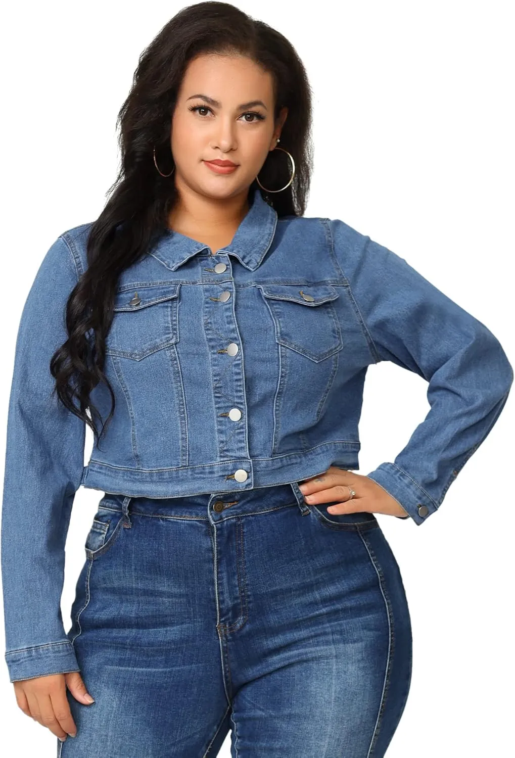 uxcell Women's Plus Size Button Closed Cropped Denim Jackets Stitching 2025
