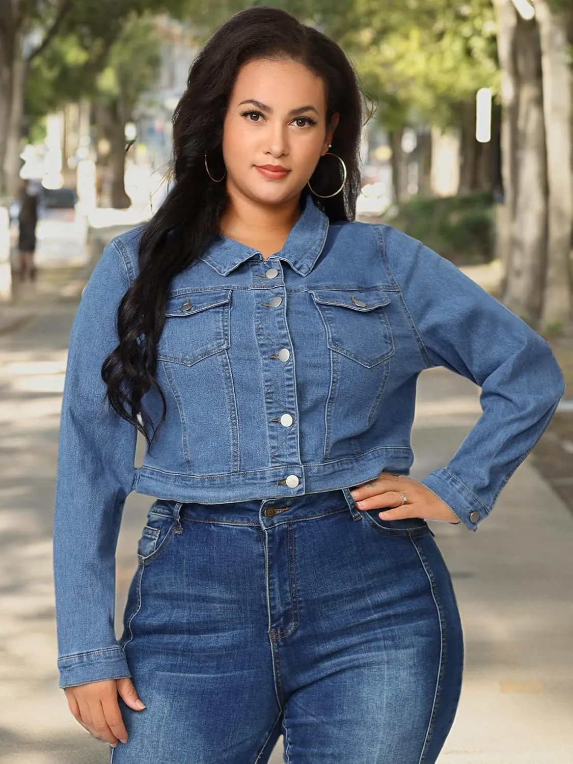 uxcell Women's Plus Size Button Closed Cropped Denim Jackets Stitching 2025