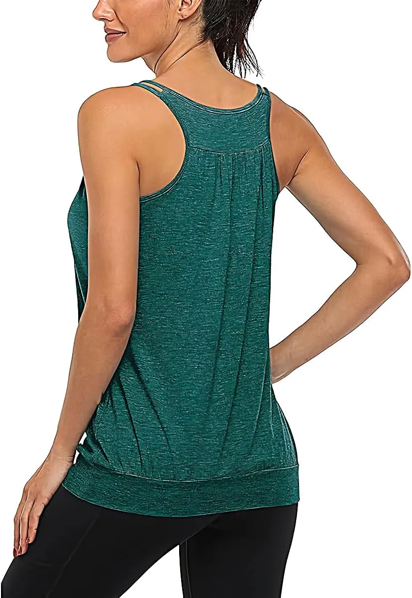 V Neck Tops for Women Racerback Loose fit Tank Tops Double Spaghetti Strap Athletic Yoga Camisole with Baned Bottom
