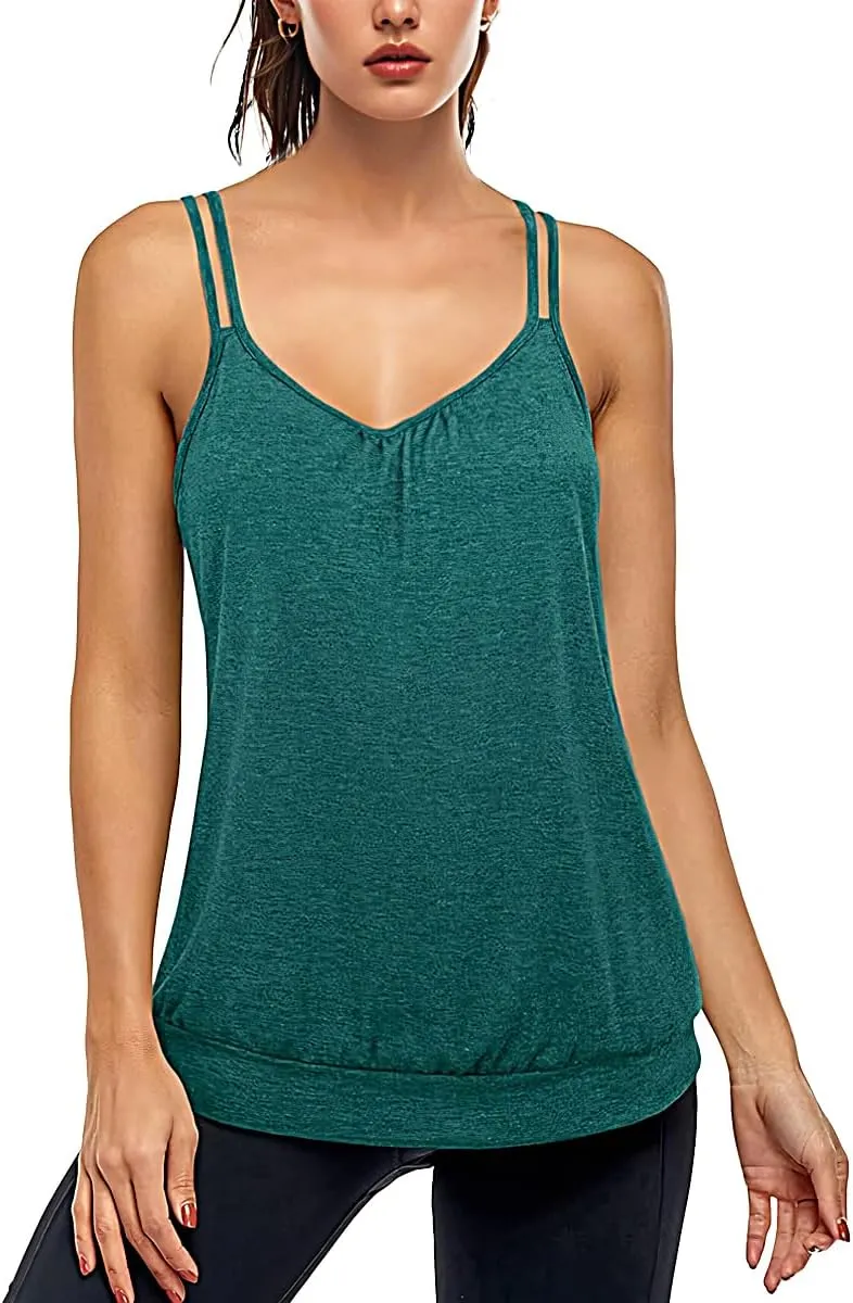 V Neck Tops for Women Racerback Loose fit Tank Tops Double Spaghetti Strap Athletic Yoga Camisole with Baned Bottom