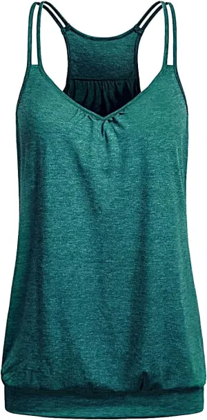 V Neck Tops for Women Racerback Loose fit Tank Tops Double Spaghetti Strap Athletic Yoga Camisole with Baned Bottom