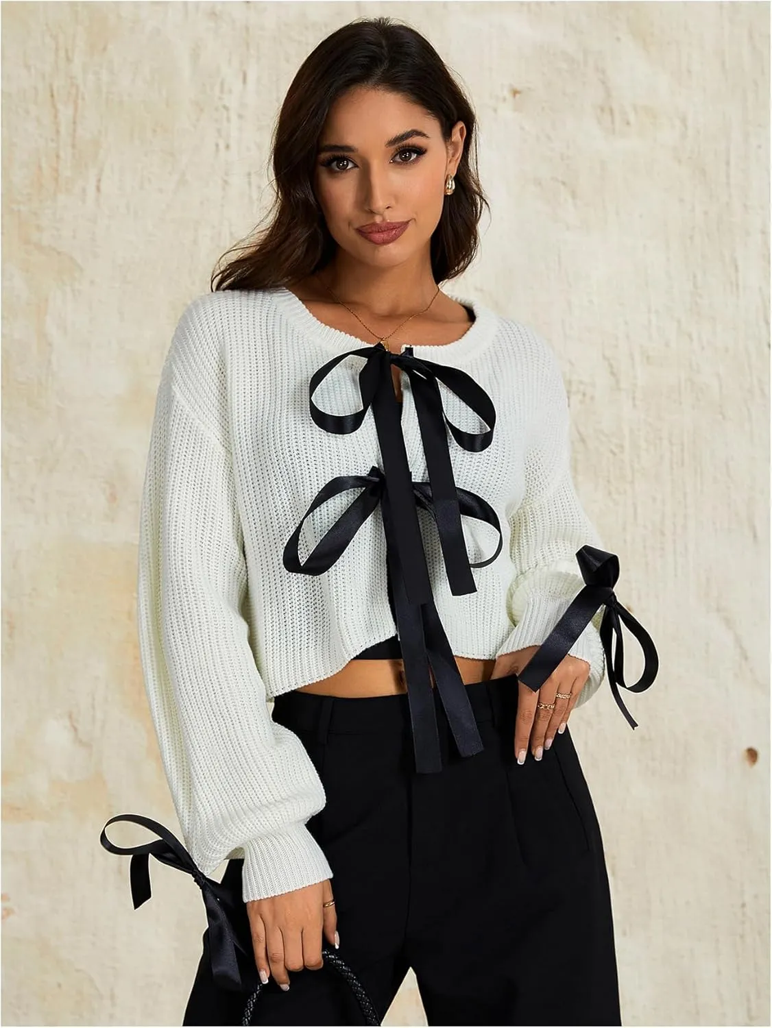 Verdusa Women's Bow Tie Cropped Cardigan Knot Long Sleeve Knit Cute Cream Cardigan Sweaters Trendy