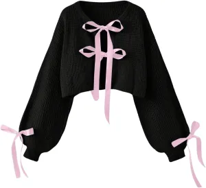 Verdusa Women's Bow Tie Cropped Cardigan Knot Long Sleeve Knit Cute Cream Cardigan Sweaters Trendy