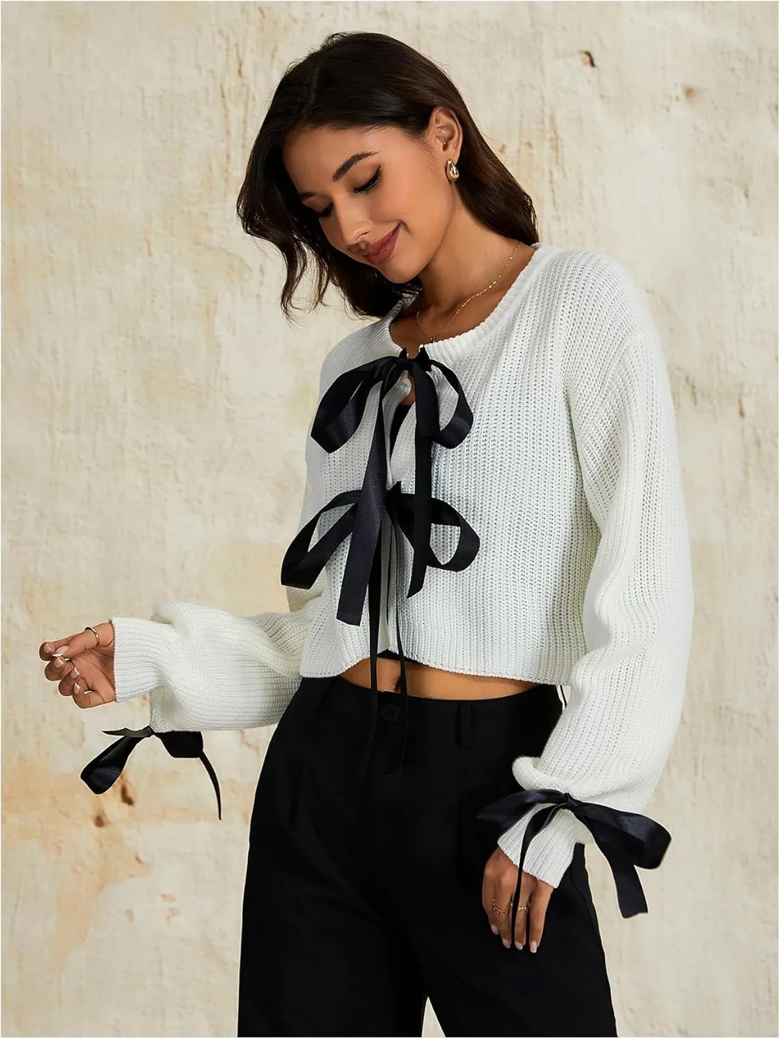 Verdusa Women's Bow Tie Cropped Cardigan Knot Long Sleeve Knit Cute Cream Cardigan Sweaters Trendy