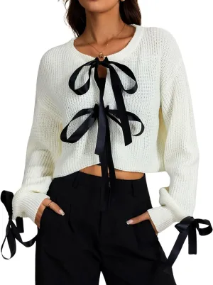 Verdusa Women's Bow Tie Cropped Cardigan Knot Long Sleeve Knit Cute Cream Cardigan Sweaters Trendy