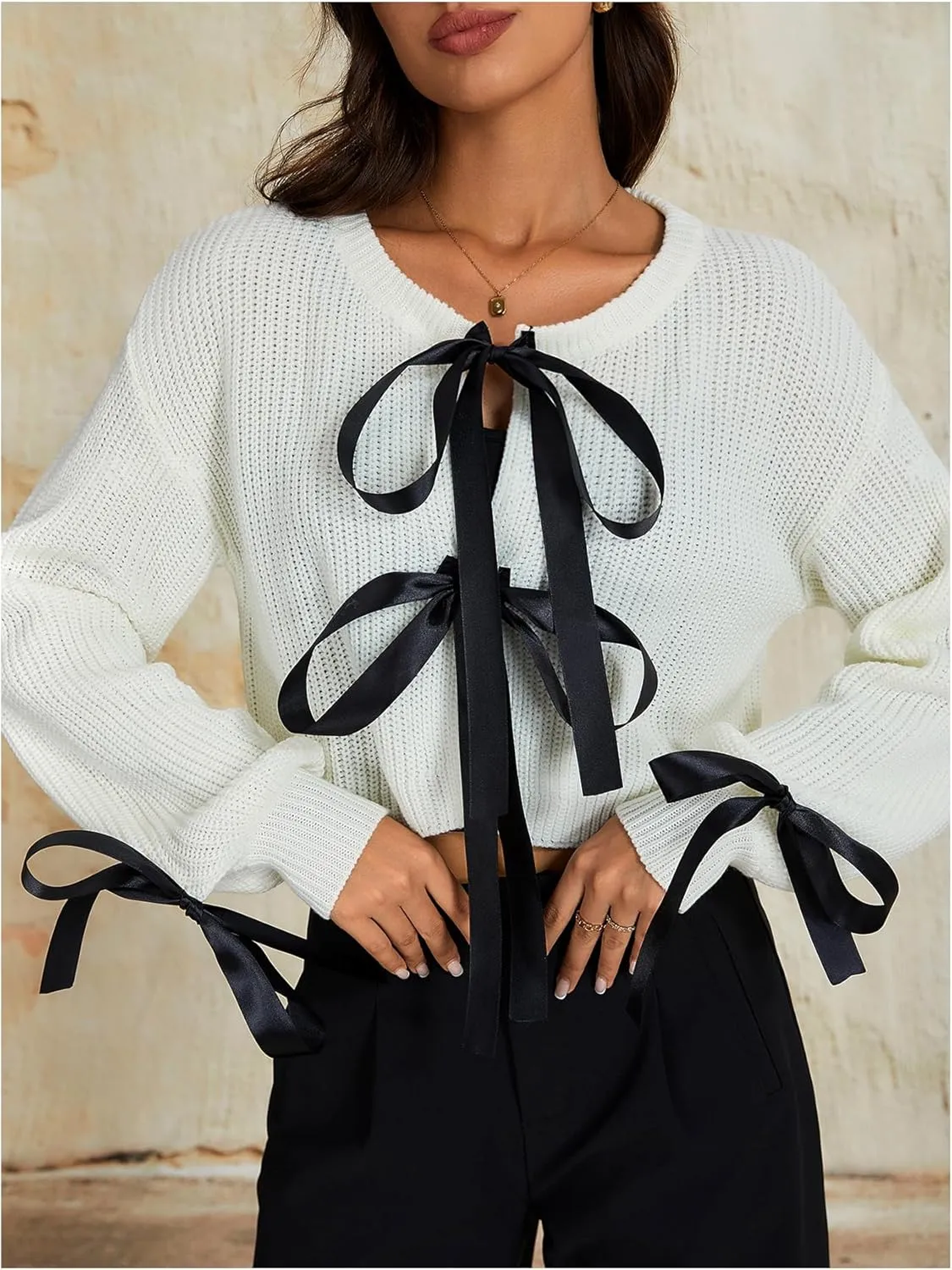 Verdusa Women's Bow Tie Cropped Cardigan Knot Long Sleeve Knit Cute Cream Cardigan Sweaters Trendy