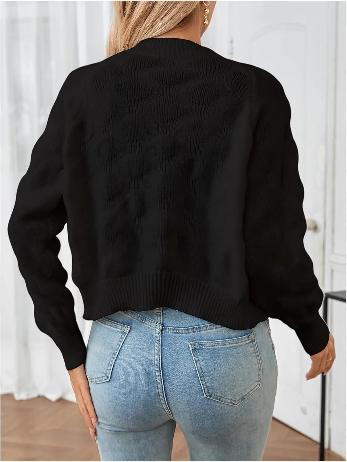 Verdusa Women's Button Up Bishop Long Sleeve Crew Neck Textured Knit Cardigan Sweaters Outerwear
