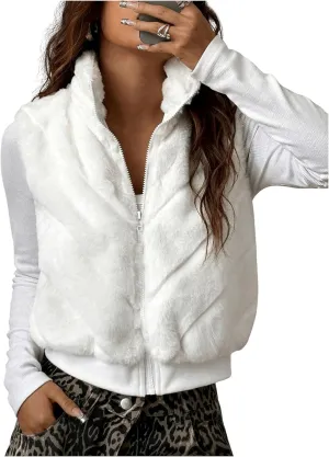 Verdusa Women's Zip Up Fuzzy Fleece Vest High Neck Textured Sleeveless Jacket Outerwear