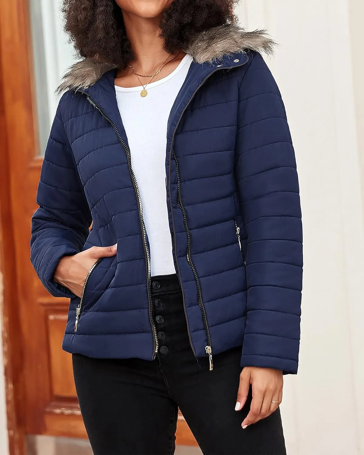 Vetinee Women Casual Faux Fur Lapel Zip Pockets Quilted Parka Jacket Puffer Coat