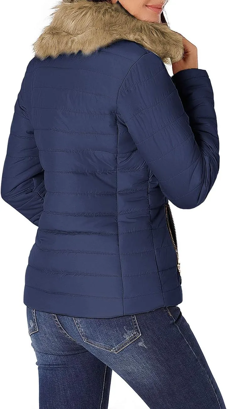 Vetinee Women Casual Faux Fur Lapel Zip Pockets Quilted Parka Jacket Puffer Coat
