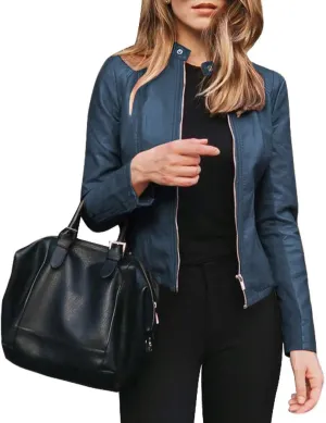 watersouprty Women's PU Leather Jacket Biker Jacket with Pockets Vintage Short Coat for Autumn Spring