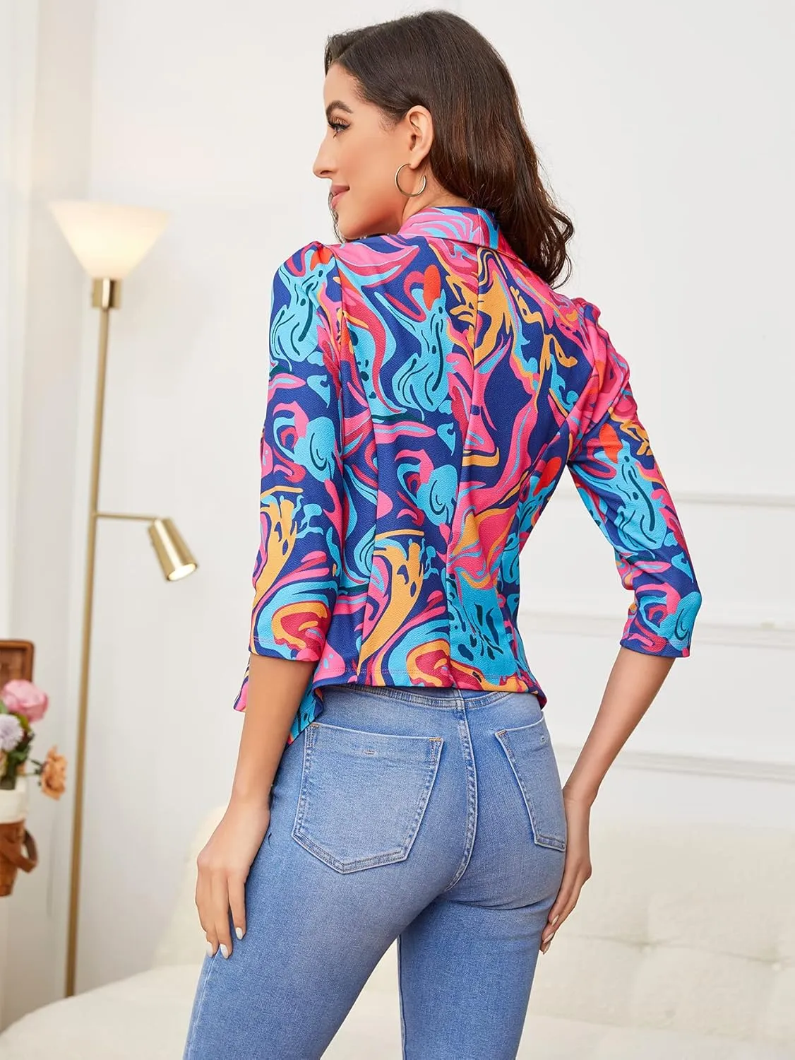 WDIRARA Women's Printed Open Front 3/4 Sleeve Blazer Ruffle Jacket Outerwear