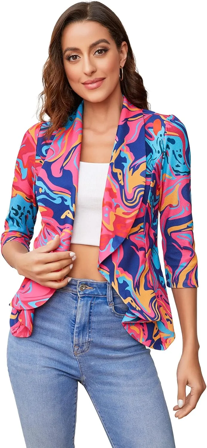 WDIRARA Women's Printed Open Front 3/4 Sleeve Blazer Ruffle Jacket Outerwear