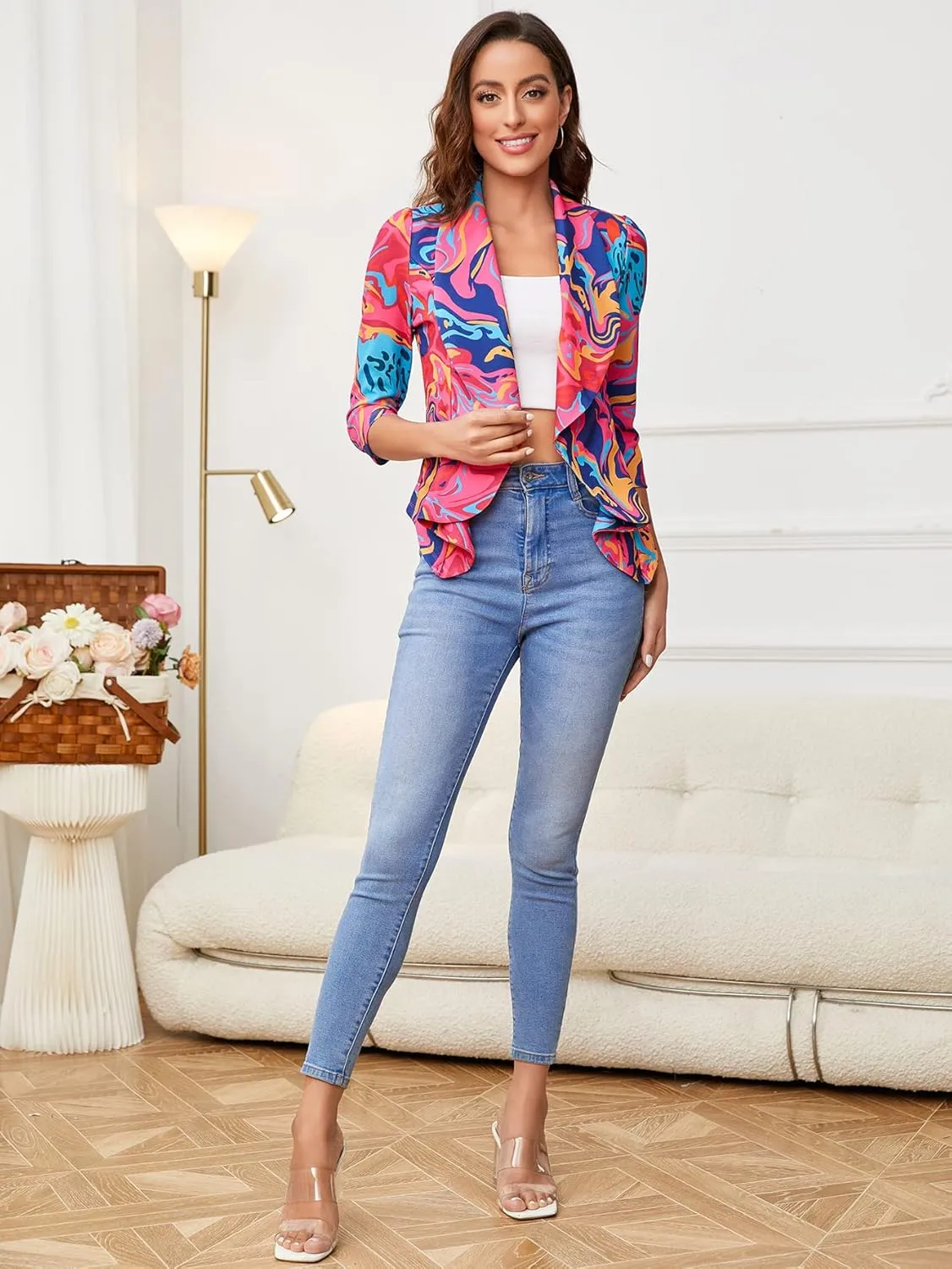 WDIRARA Women's Printed Open Front 3/4 Sleeve Blazer Ruffle Jacket Outerwear