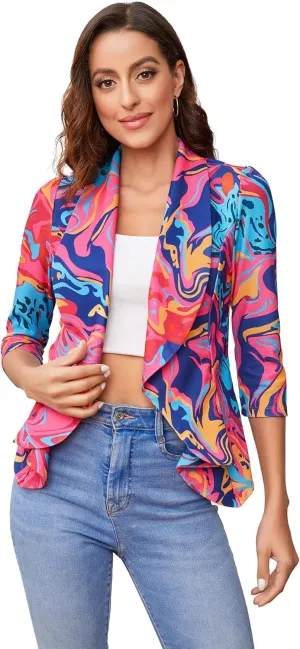 WDIRARA Women's Printed Open Front 3/4 Sleeve Blazer Ruffle Jacket Outerwear