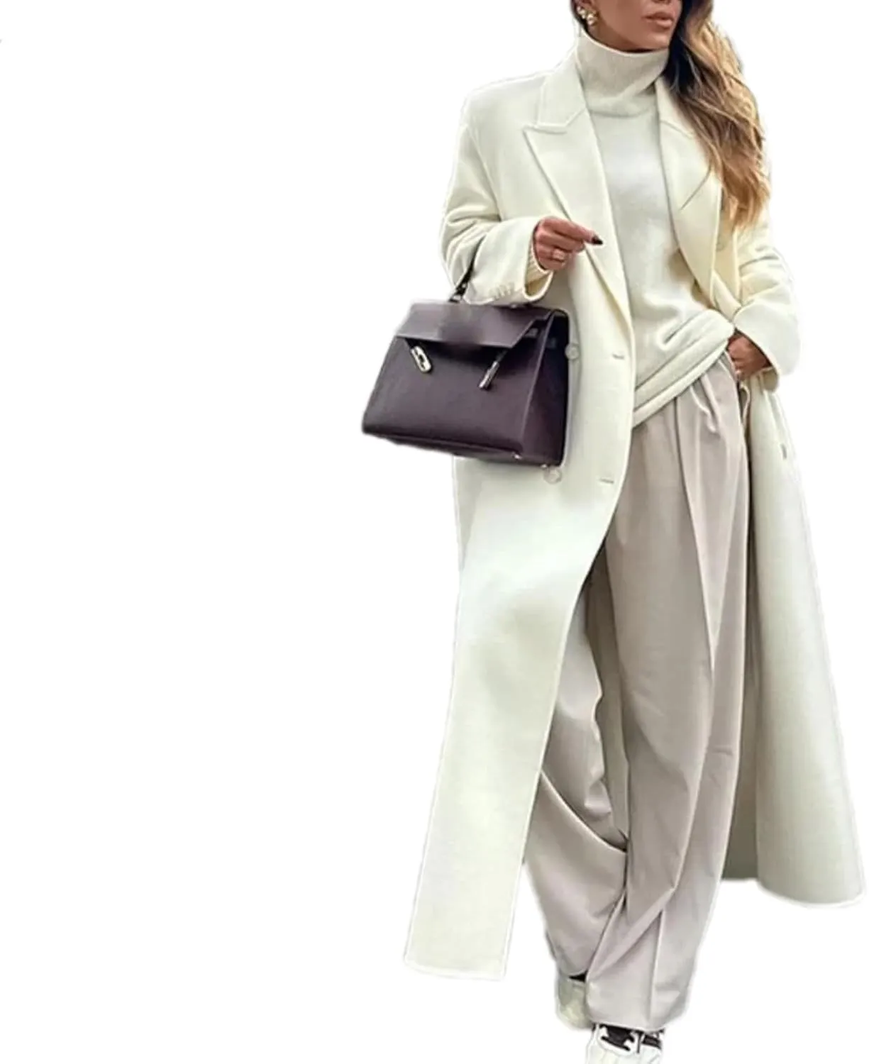 White Woolen Blend Trench Long Coat Women Double Breasted Warm Full Sleeve Coats Female High Street Outerwear