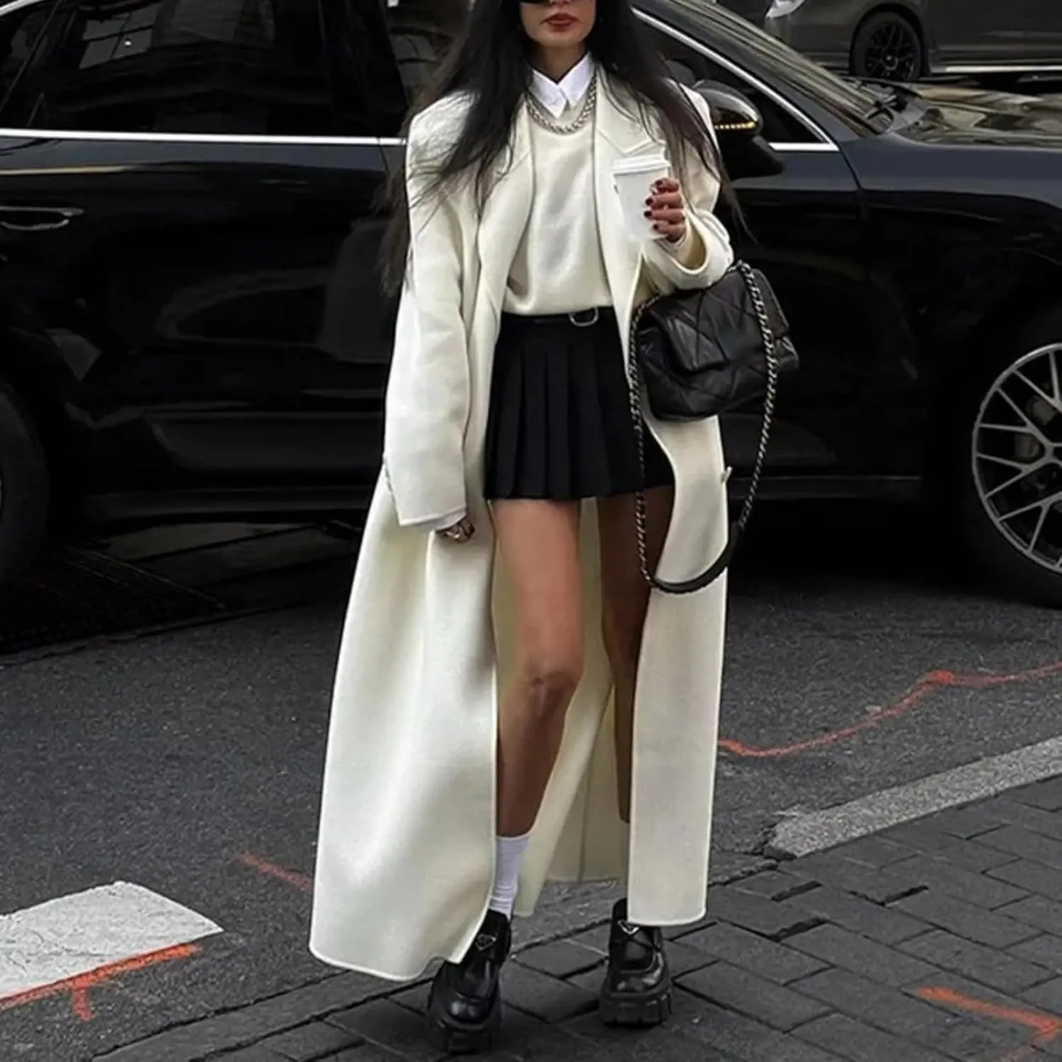 White Woolen Blend Trench Long Coat Women Double Breasted Warm Full Sleeve Coats Female High Street Outerwear