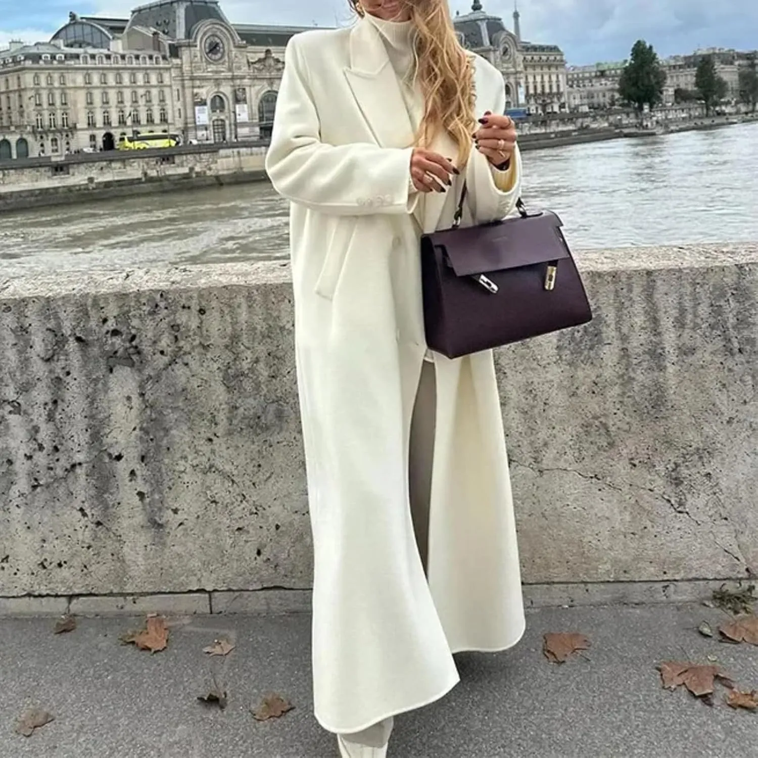 White Woolen Blend Trench Long Coat Women Double Breasted Warm Full Sleeve Coats Female High Street Outerwear