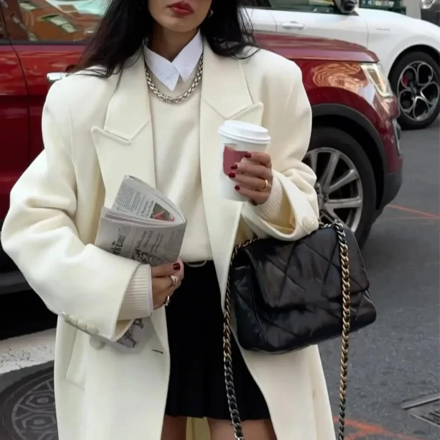 White Woolen Blend Trench Long Coat Women Double Breasted Warm Full Sleeve Coats Female High Street Outerwear