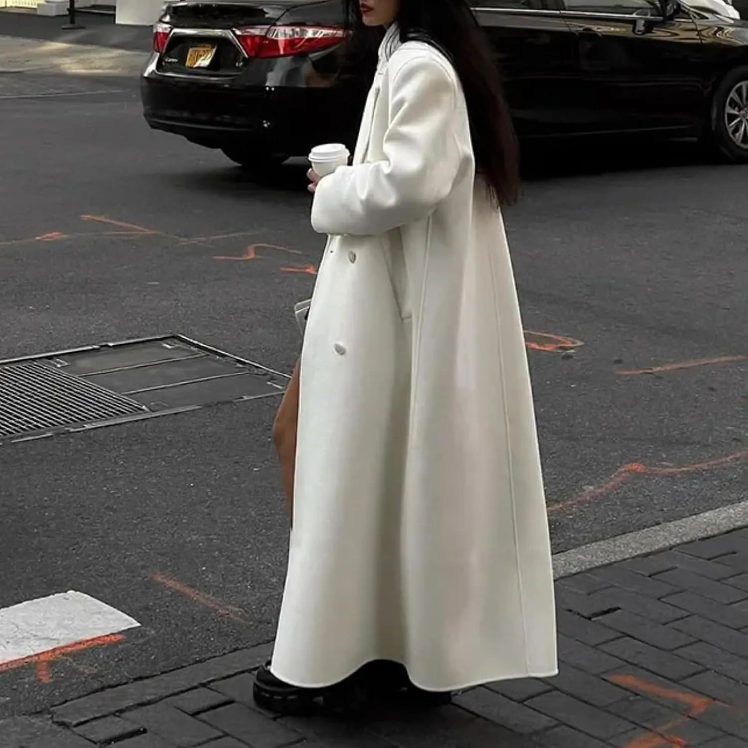 White Woolen Blend Trench Long Coat Women Double Breasted Warm Full Sleeve Coats Female High Street Outerwear