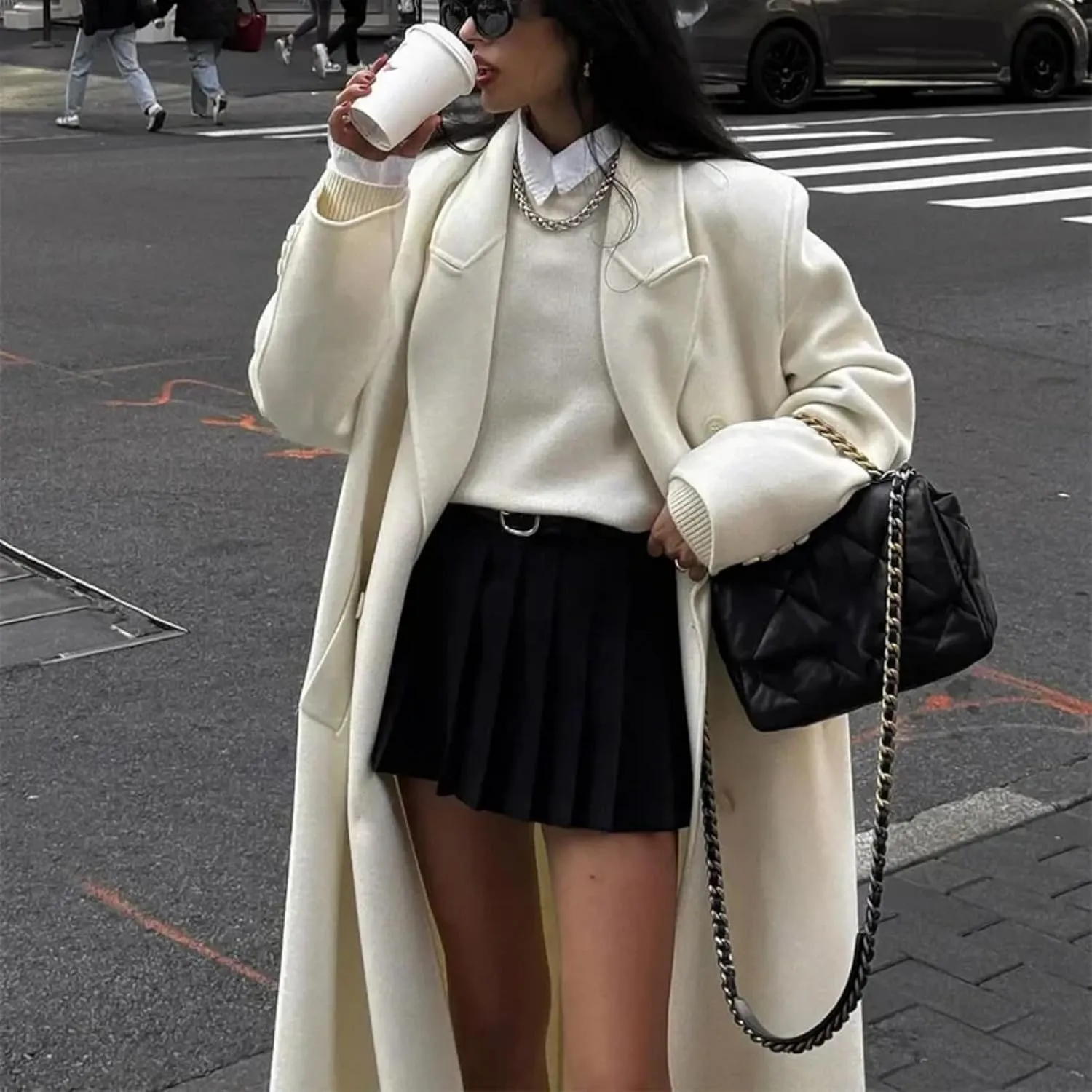 White Woolen Blend Trench Long Coat Women Double Breasted Warm Full Sleeve Coats Female High Street Outerwear