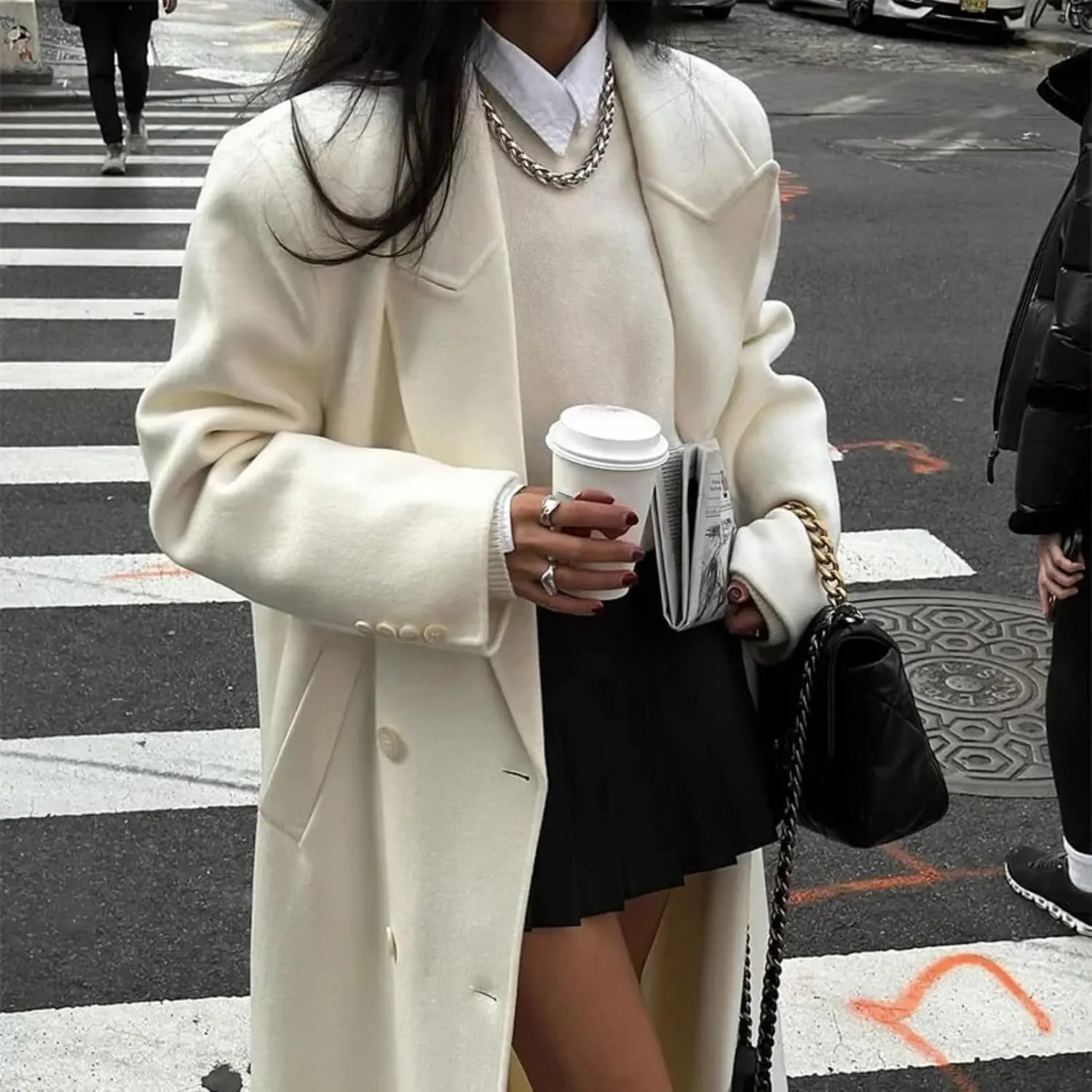White Woolen Blend Trench Long Coat Women Double Breasted Warm Full Sleeve Coats Female High Street Outerwear