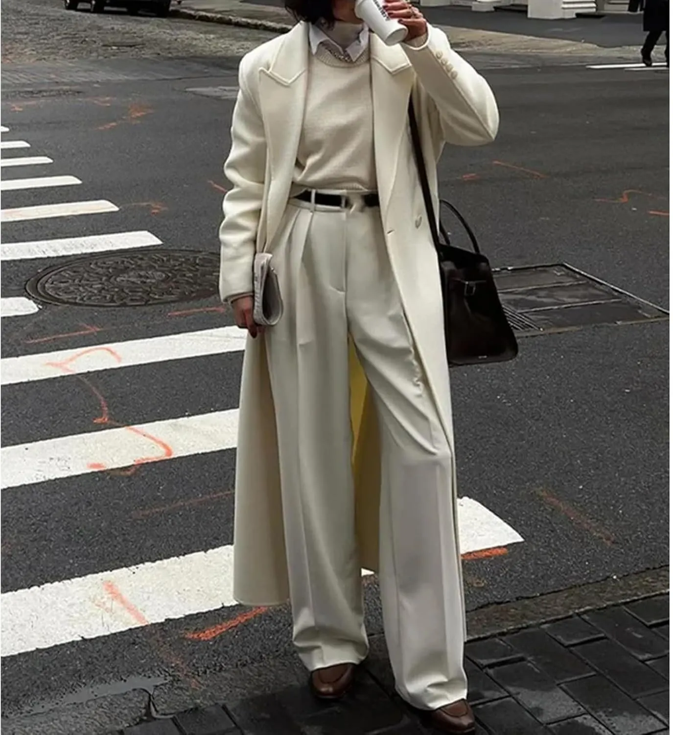 White Woolen Blend Trench Long Coat Women Double Breasted Warm Full Sleeve Coats Female High Street Outerwear
