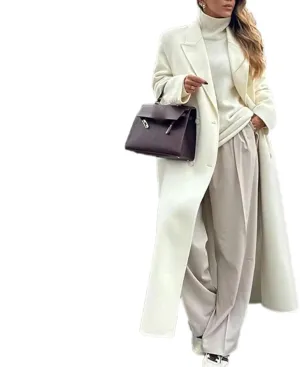 White Woolen Blend Trench Long Coat Women Double Breasted Warm Full Sleeve Coats Female High Street Outerwear
