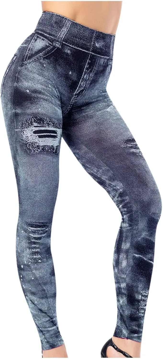 Women Denim Print Leggings Elastic High Waist Soft Yoga Pants Fake Jeans Seamless Gym Pant Butt Lifting Trousers