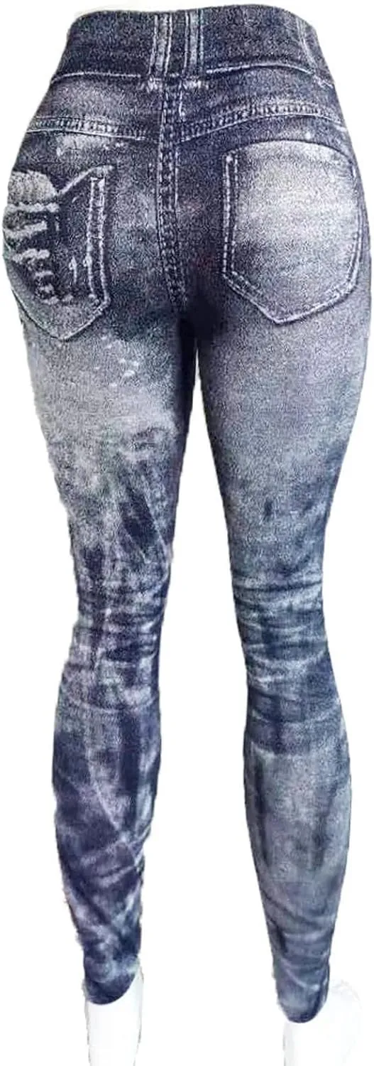 Women Denim Print Leggings Elastic High Waist Soft Yoga Pants Fake Jeans Seamless Gym Pant Butt Lifting Trousers