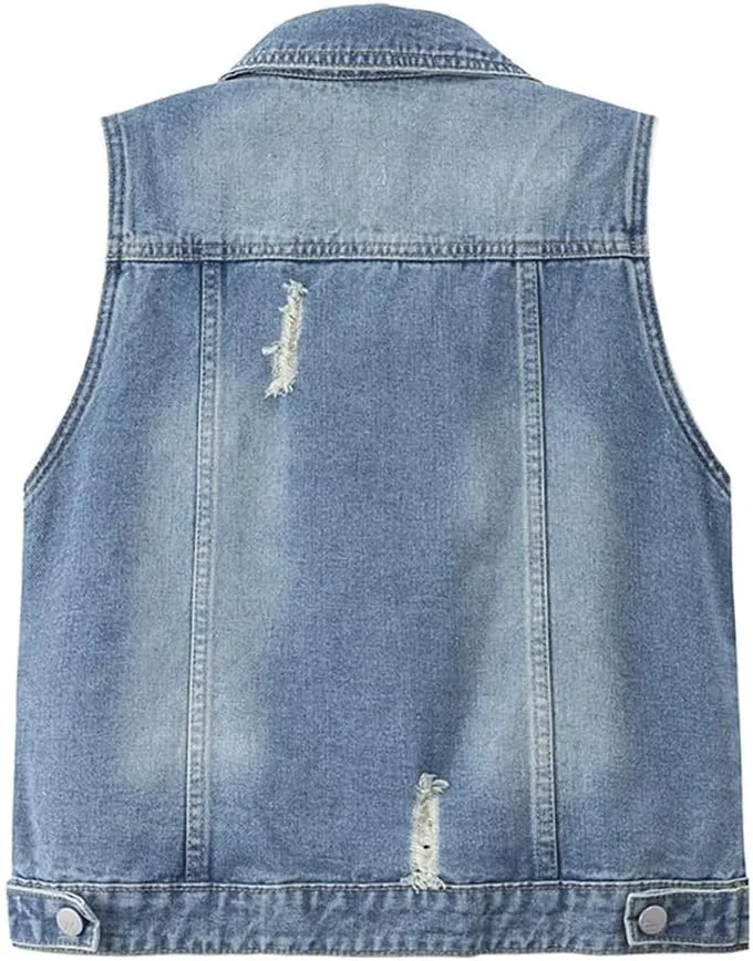 Women Distressed Denim Vest Stylish Junior Button Cropped Jean Jacket Sleeveless