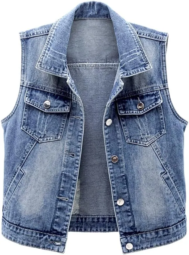 Women Distressed Denim Vest Stylish Junior Button Cropped Jean Jacket Sleeveless