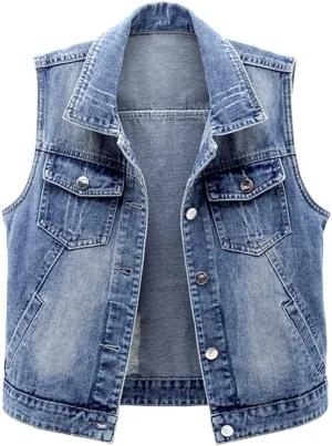 Women Distressed Denim Vest Stylish Junior Button Cropped Jean Jacket Sleeveless