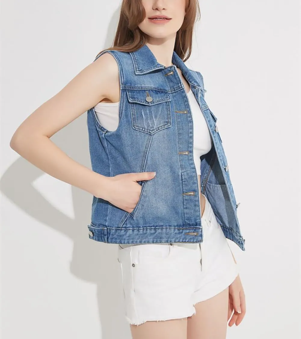 Women Distressed Denim Vest Stylish Junior Button Cropped Jean Jacket Sleeveless