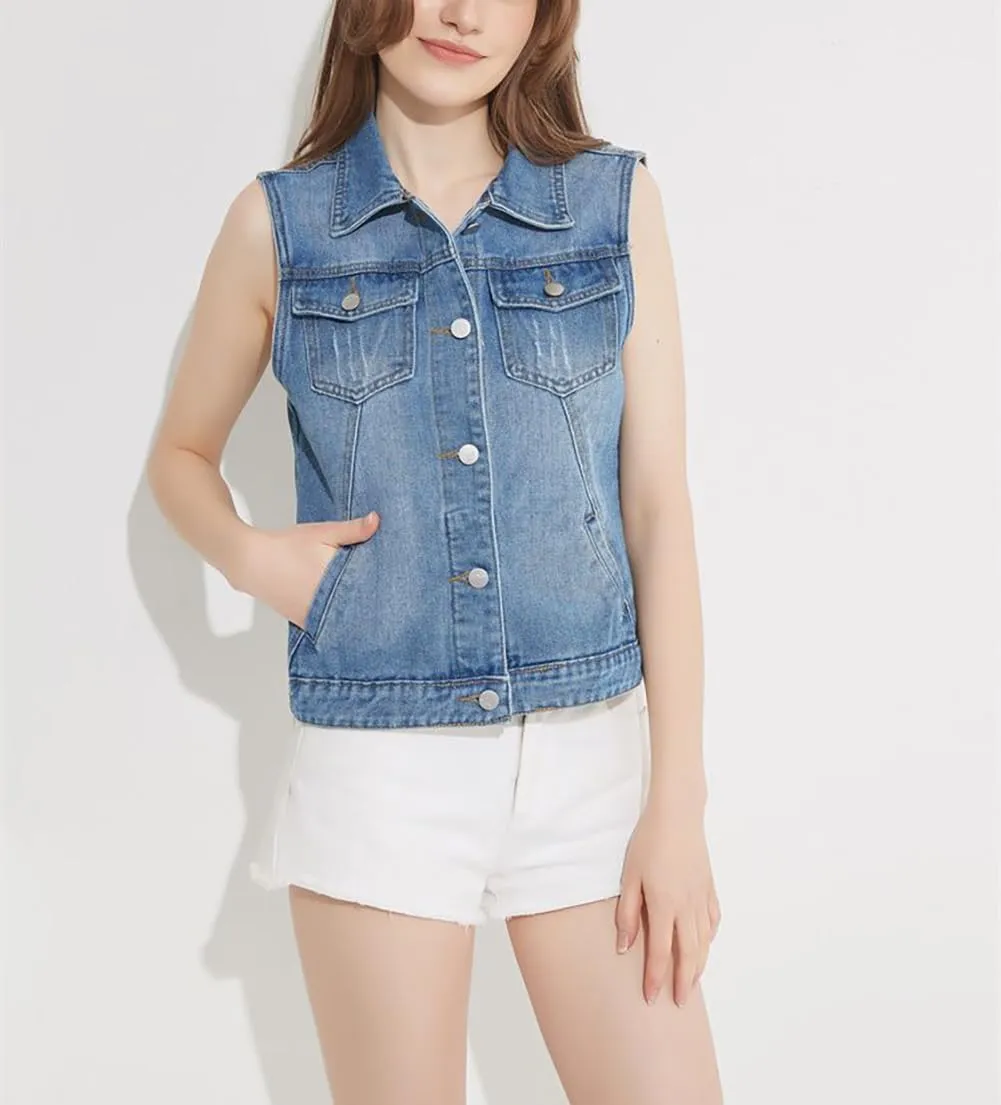 Women Distressed Denim Vest Stylish Junior Button Cropped Jean Jacket Sleeveless