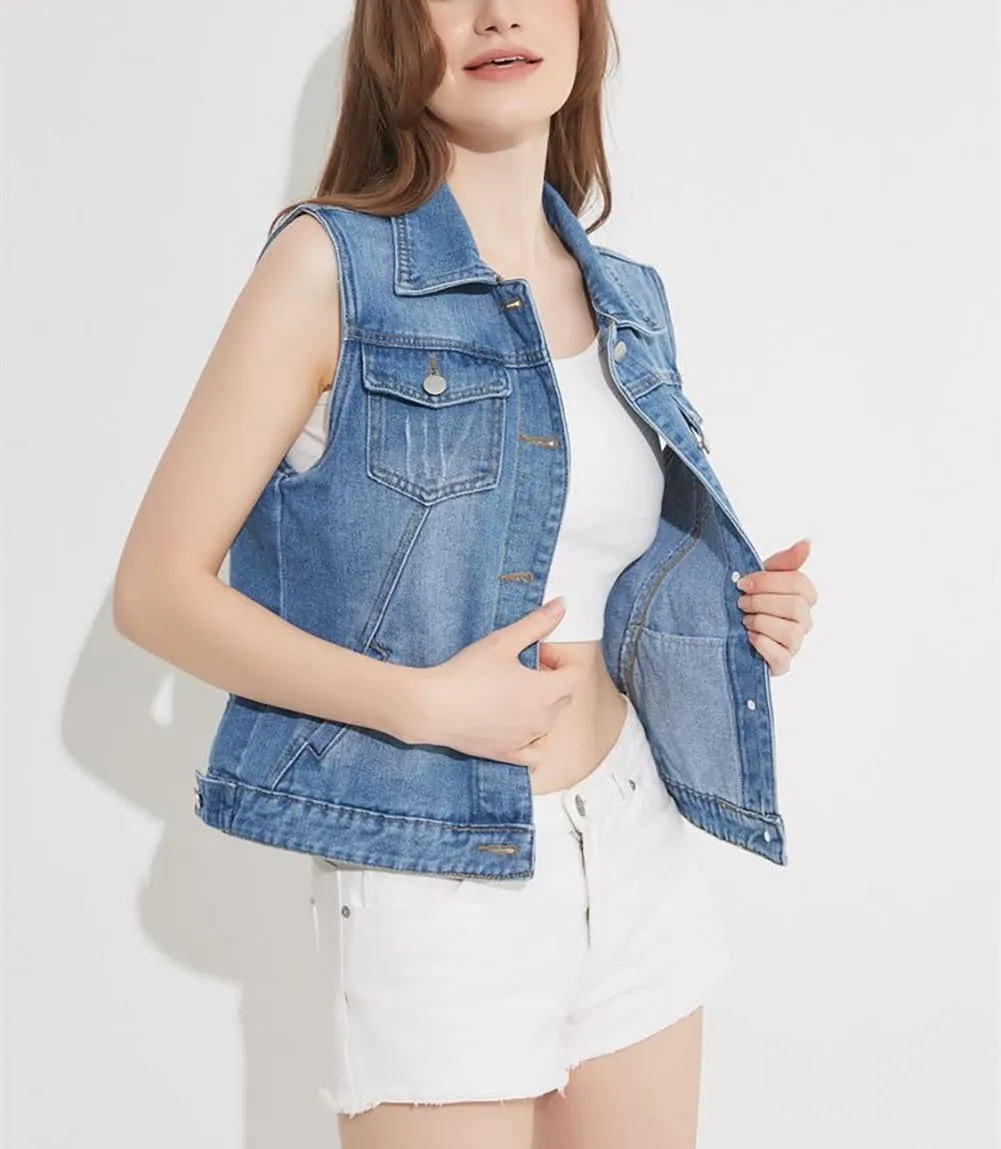 Women Distressed Denim Vest Stylish Junior Button Cropped Jean Jacket Sleeveless