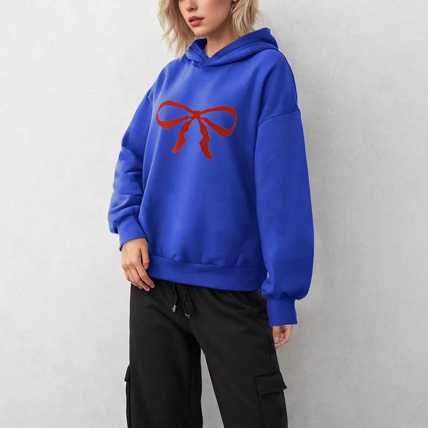 Women Oversized Hoodies Red Bow Printed Hooded Sweatshirt Loose Fit Casual Fashion Outfits Workout Pullover with
