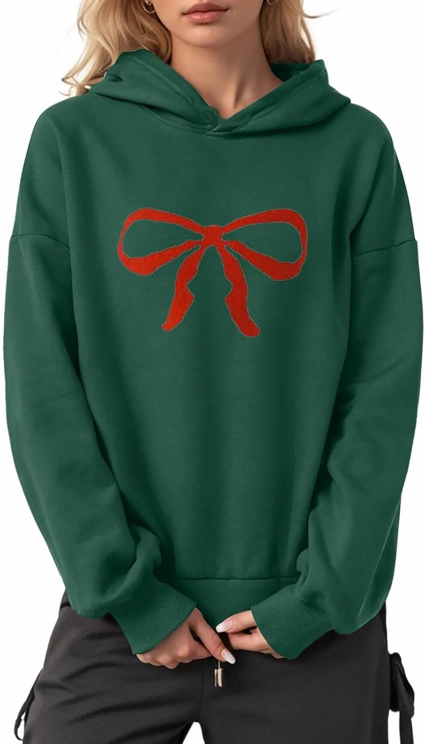 Women Oversized Hoodies Red Bow Printed Hooded Sweatshirt Loose Fit Casual Fashion Outfits Workout Pullover with