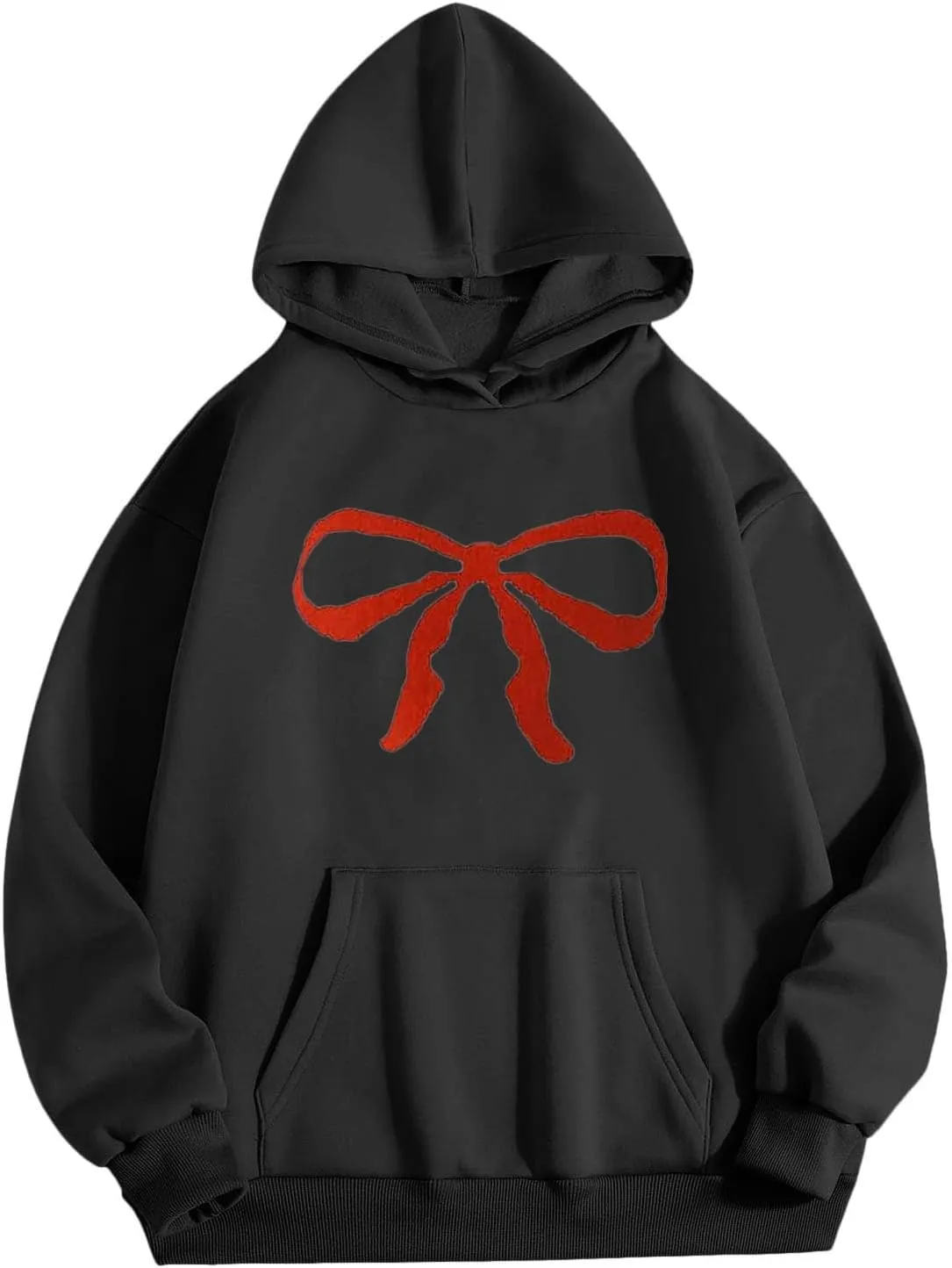Women Oversized Hoodies Red Bow Printed Hooded Sweatshirt Loose Fit Casual Fashion Outfits Workout Pullover with